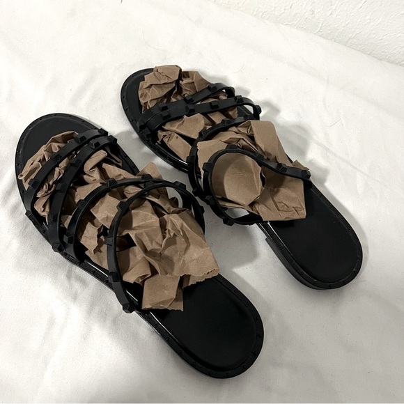 Women’s Chic Size 11 Black Strappy Casual Studded Slip On Sandals Everyday - Picture 2 of 8